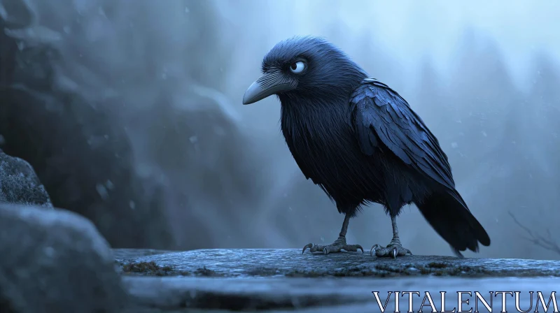 Animated Raven Perched on Snowy Ledge AI Image