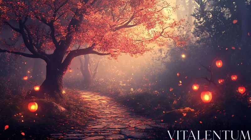 Lantern Lit Forest Path in Autumn AI Image