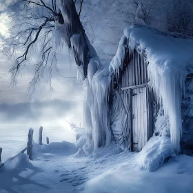 Winter Cabin Scene with Icicles and Snow