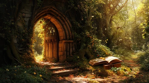 Enchanting Forest Scene with Stone Archway and Open Book