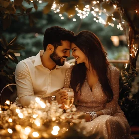 Couple Celebrating Love Under Fairy Lights