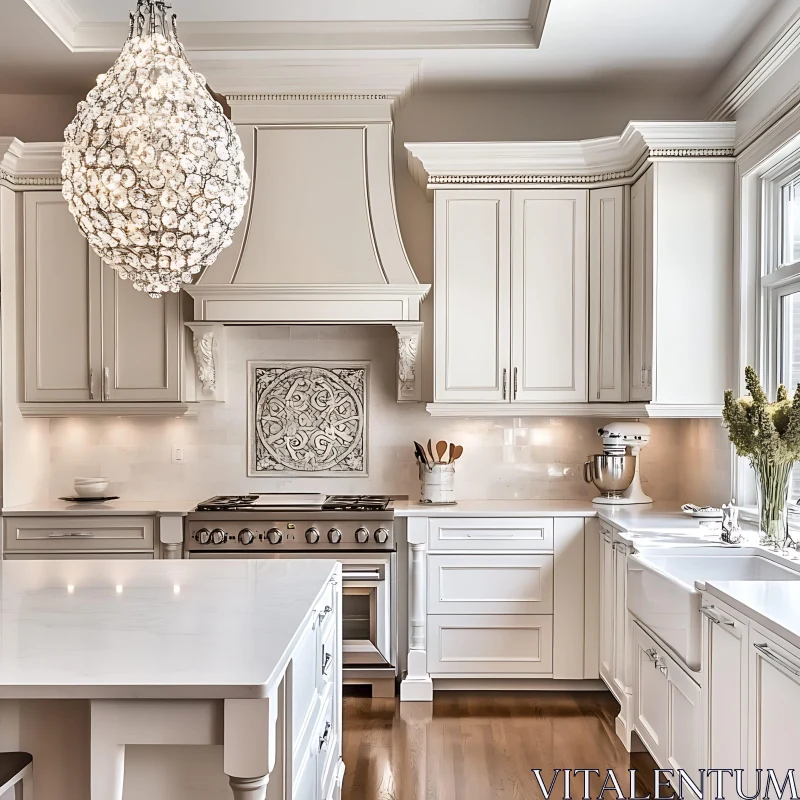 Elegant Kitchen Design with White Cabinets and Chandelier AI Image