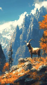 Goat on Rocky Outcrop with Mountain View