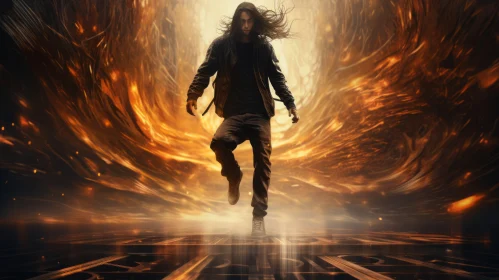 Fiery Futurism: A Long-Haired Man in a Metallic Tesseract Scenario