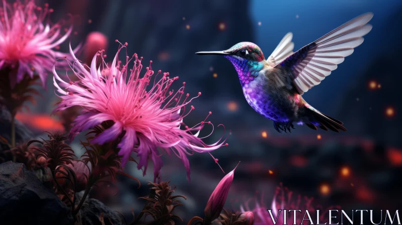 Flying Hummingbird amidst Purple Flowers - Storybook Concept Art AI Image