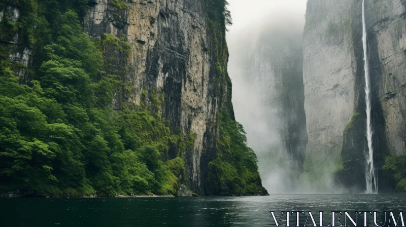 Misty Waterfall in Eastern Zhou Dynasty Style AI Image