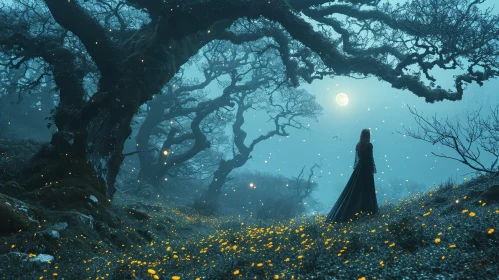 Mystical Forest with Full Moon and Enigmatic Woman