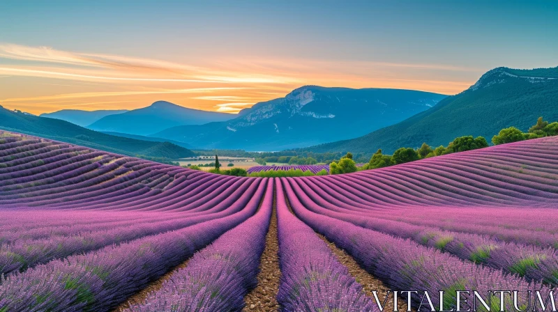 Sunset Over Lavender Fields in the French Riviera AI Image