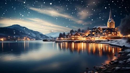 Winter Night in a Snowy Village - Captivating Harbor Views