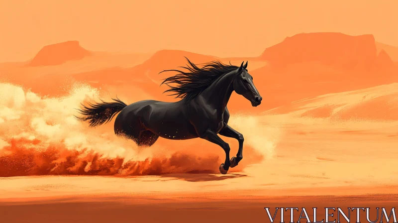 Freedom in the Desert: Black Horse Galloping AI Image