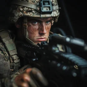 Focused Soldier Holding Weapon