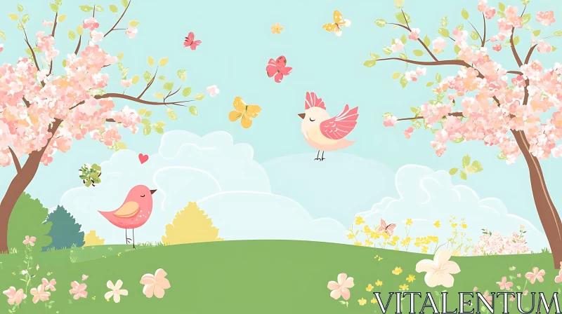 Spring Meadow with Birds and Butterflies AI Image