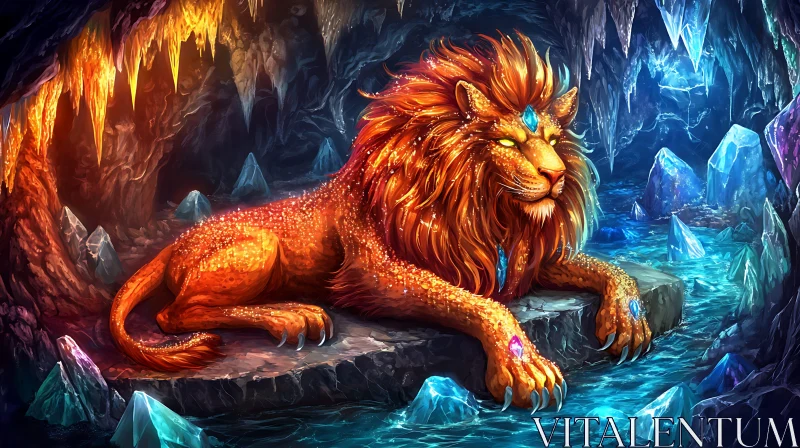 AI ART Fiery Lion in Ice Cave