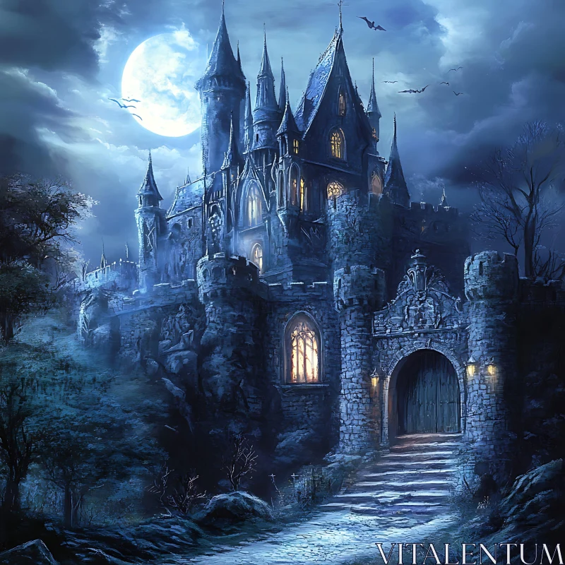 Gothic Castle Under Moonlight AI Image