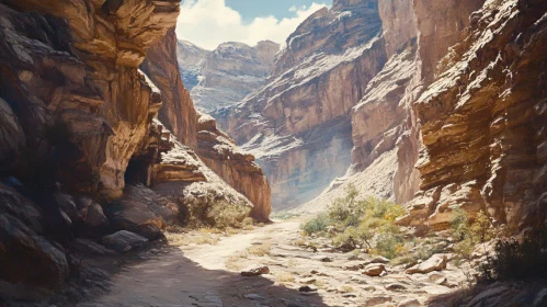 Sunlit Desert Canyon with Rugged Rock Walls