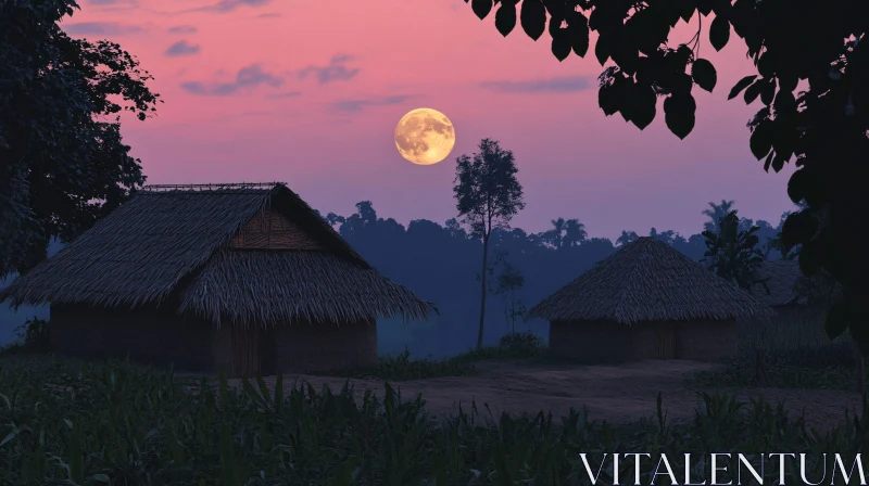 Tranquil Village Under Moonlight AI Image