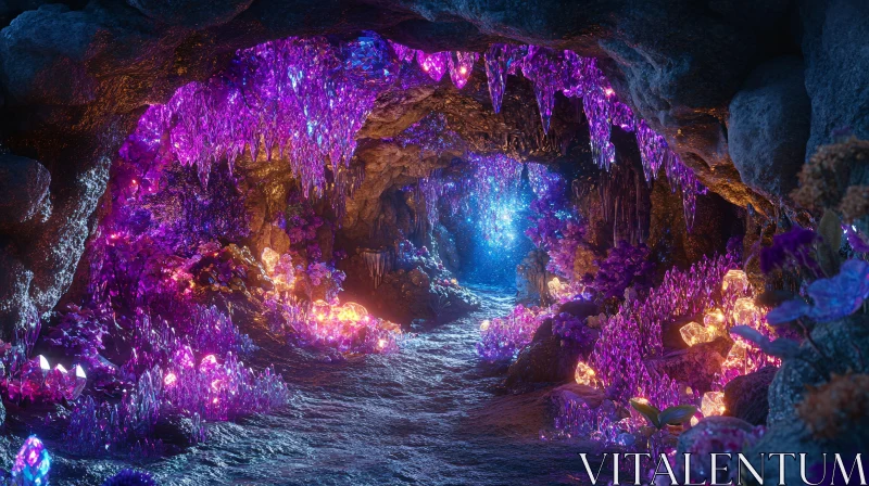 AI ART Mystical Cave with Illuminated Crystals