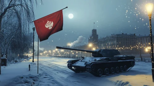 Snowy Tank Scene with Red Flag