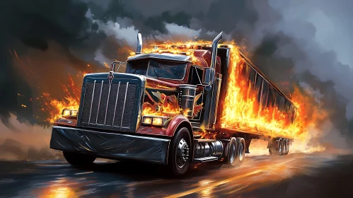 Fiery Truck Driving Through Smoke