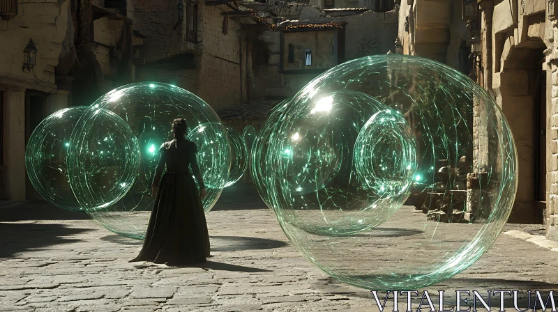 Mystical Orbs in Stone Courtyard AI Image