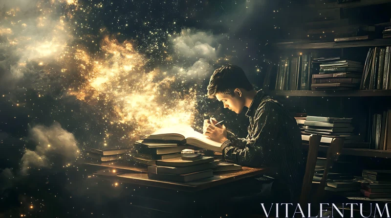 AI ART Man Reading Book with Magical Light