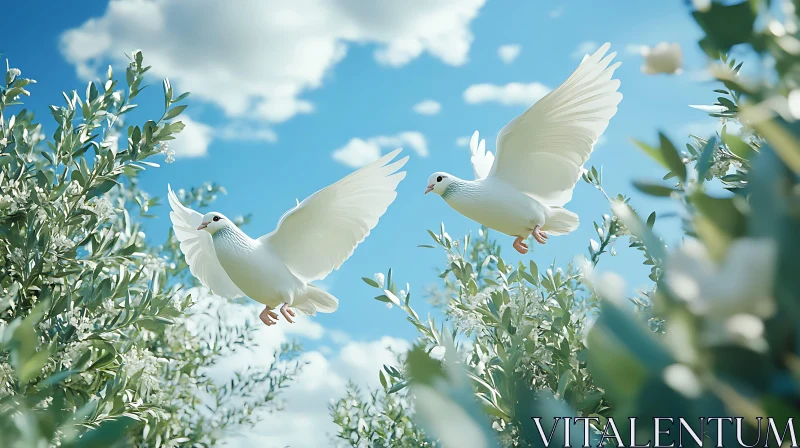 White Doves Soaring in Blue Skies AI Image