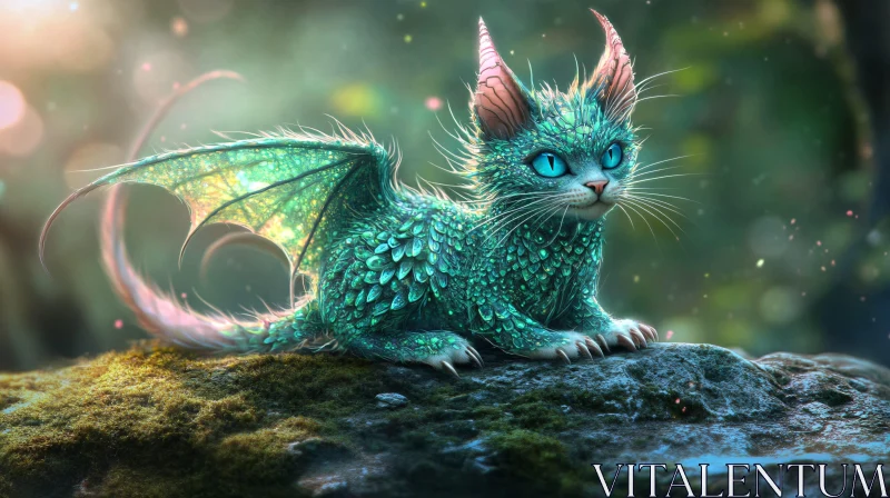 Whimsical Dragon Cat on Mossy Stone AI Image