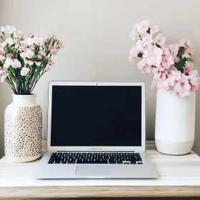 Serene Office Desk with Laptop and Blooms