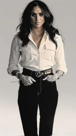 Meghan Markle in White Blouse and Dark Trousers