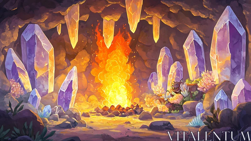 Gemstone Cave with Fire AI Image