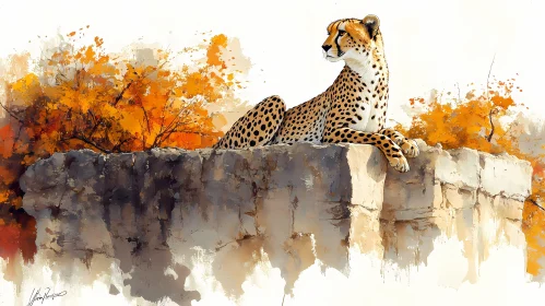 Cheetah on Rocky Ledge with Autumn Colors