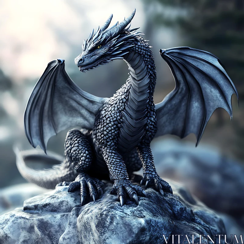 Mythical Dragon Perched on Rock AI Image