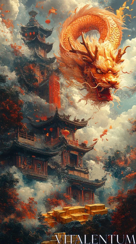 Golden Dragon and Ancient Pagoda AI Image