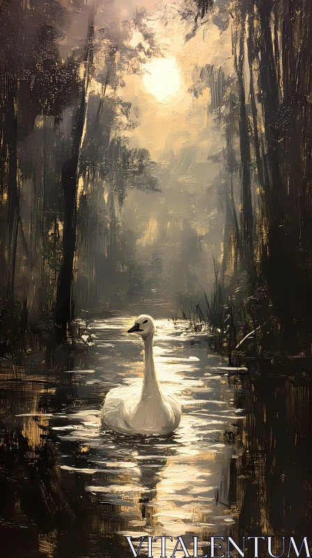 Peaceful Swan in Sunlit Forest AI Image