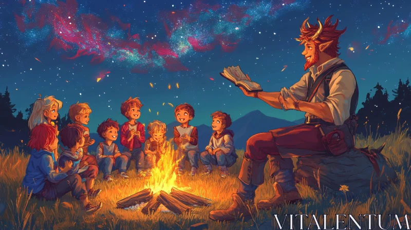 Children Gathered Around Campfire Storyteller AI Image