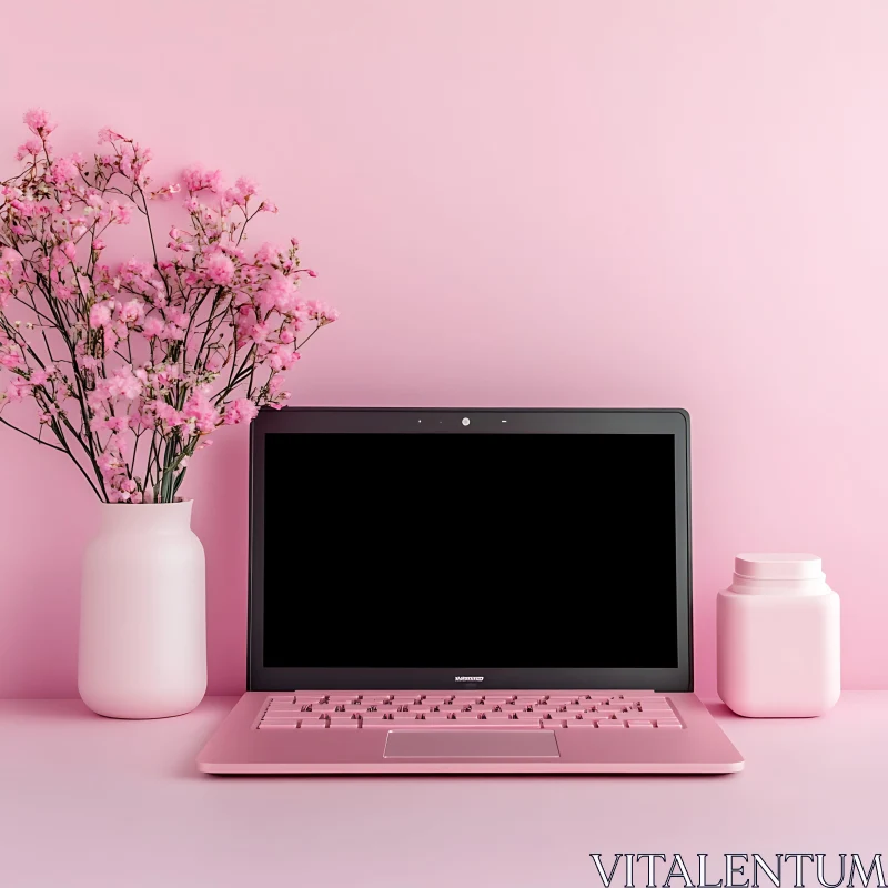 Sleek Pink Laptop and Flower Arrangement AI Image