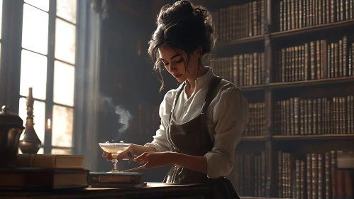 Woman and Drink in Old Library