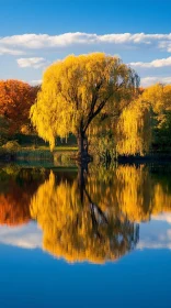 Autumn Scene with Reflective Willow Tree