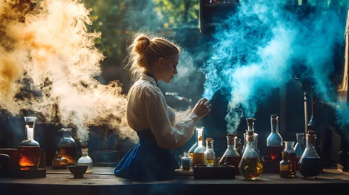 Woman in Laboratory Mixing Potions with Smoke