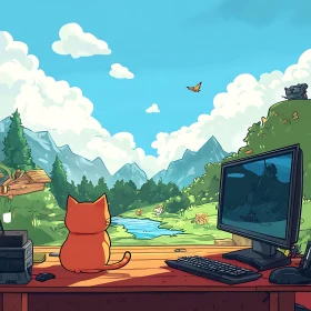 Charming Cat Gazing Out at Scenic Landscape