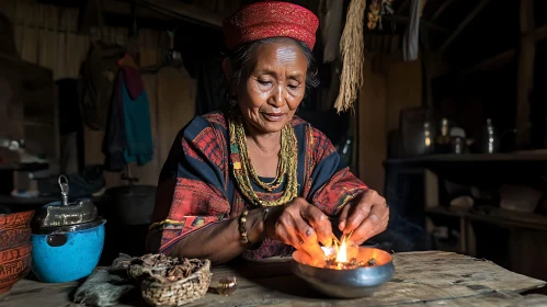 Elderly Woman and the Sacred Flame