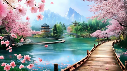 Pink Blossom Tranquil Lake Garden Scene