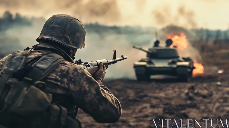 AI ART Soldier Aiming at Tank on Fire