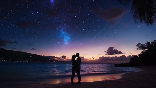 Couple's Embrace on a Starry Night Beach