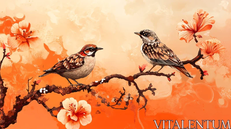 Floral Birds Serenity Orange Artwork AI Image