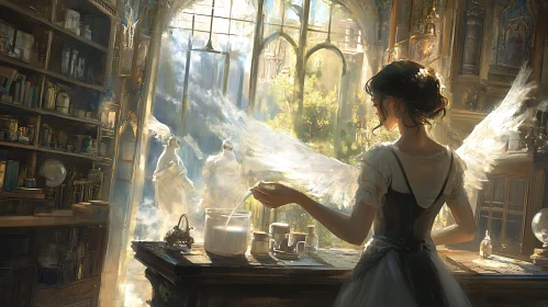 Winged Woman in Sunlit Laboratory