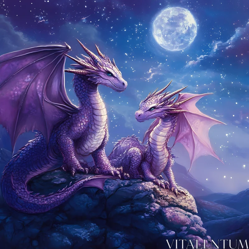 Purple Dragons and Moonlit Night AI Image