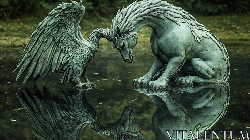 Pond Reflection of Mythical Creatures AI Image