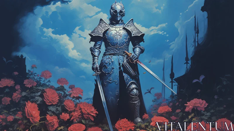 AI ART Armored Knight Amidst Red Roses