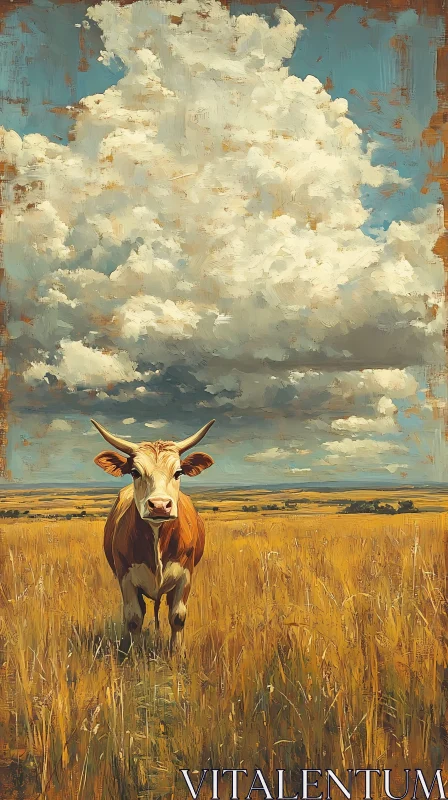 Pastoral Scene with Cow and Clouds AI Image